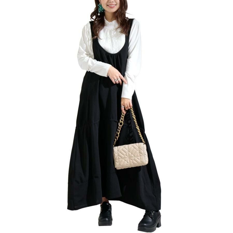 大きいサイズ レディース Aラインサロペットワンピース　gold924 ブラック