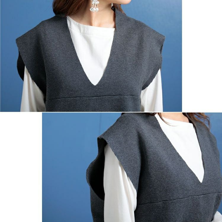 大きいサイズ レディース コットンニット深Vネックベスト　maru-6630