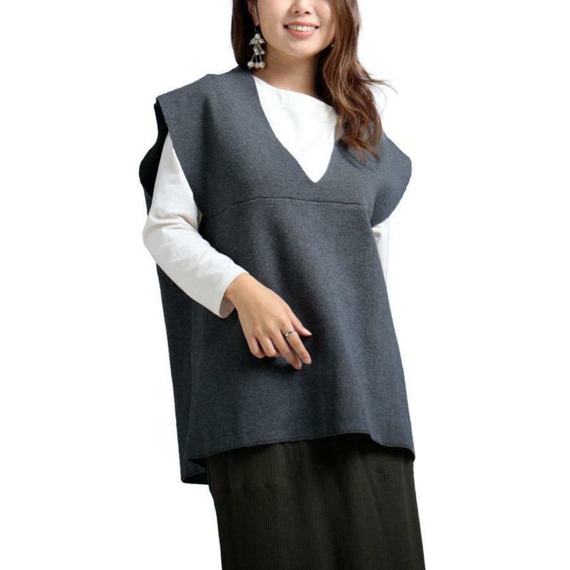 大きいサイズ レディース コットンニット深Vネックベスト　maru-6630 チャコール