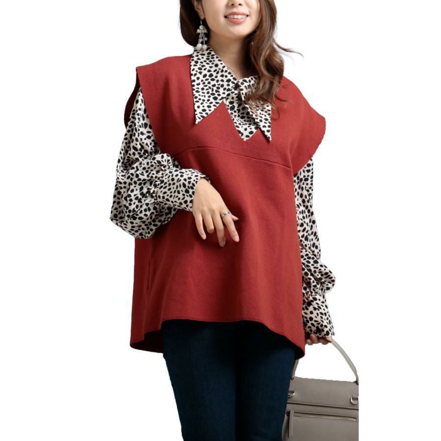 大きいサイズ レディース コットンニット深Vネックベスト　maru-6630 オレンジ