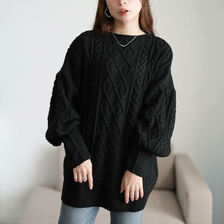 大きいサイズ レディース ボリューム袖ケーブルニットプルオーバー　and-u5365