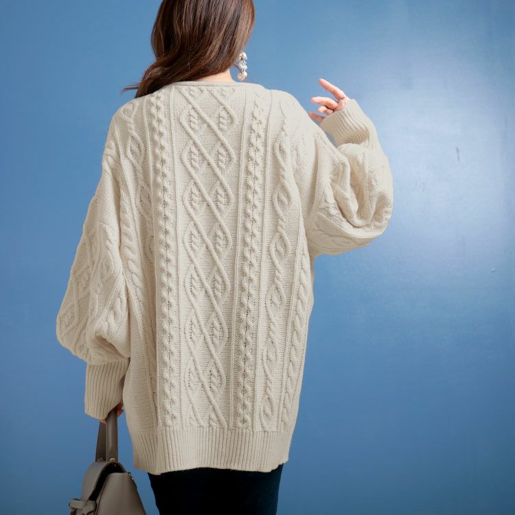 大きいサイズ レディース ボリューム袖ケーブルニットプルオーバー　and-u5365