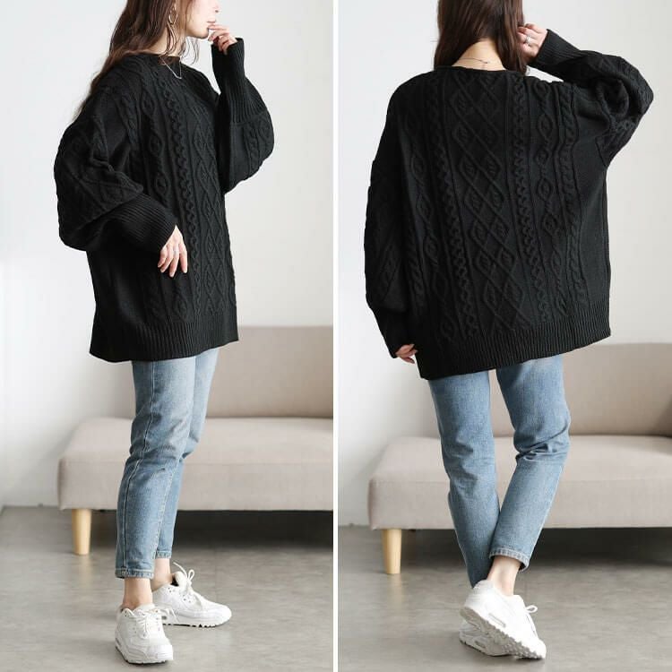 大きいサイズ レディース ボリューム袖ケーブルニットプルオーバー　and-u5365