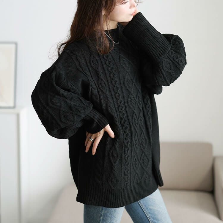 大きいサイズ レディース ボリューム袖ケーブルニットプルオーバー　and-u5365