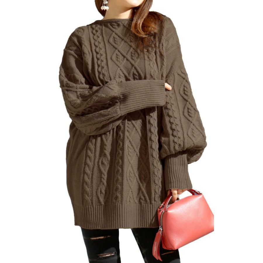 大きいサイズ レディース ボリューム袖ケーブルニットプルオーバー　and-u5365 ブラウン