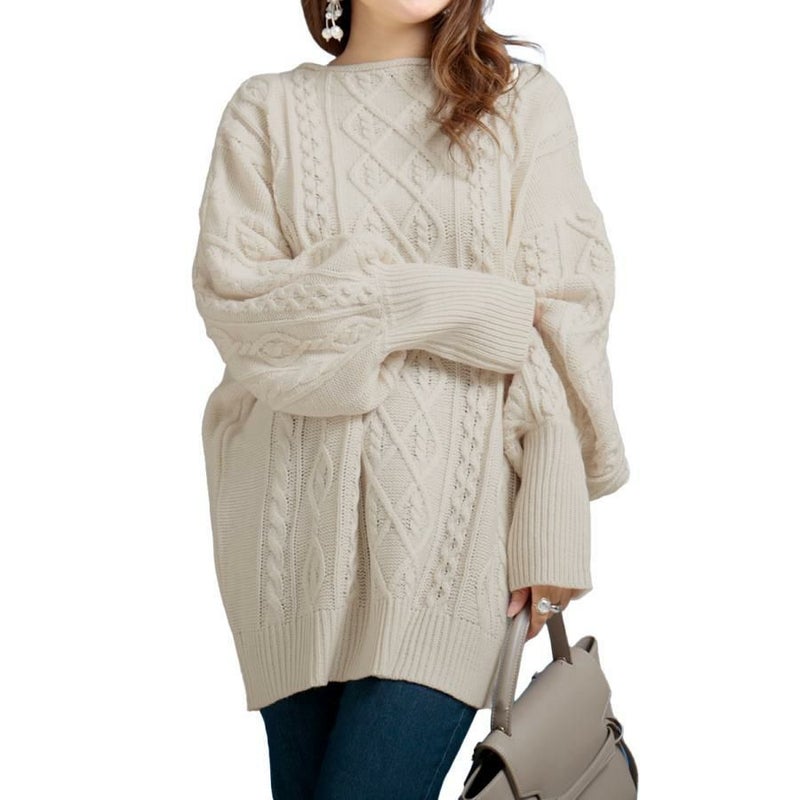大きいサイズ レディース ボリューム袖ケーブルニットプルオーバー　and-u5365 オフホワイト