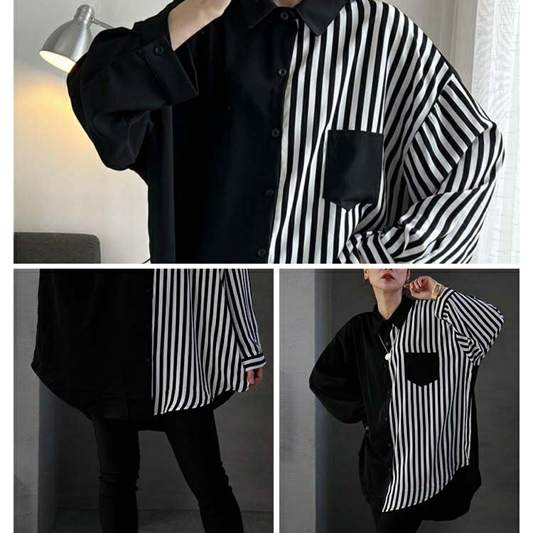 大きいサイズ レディース ストライプ柄×無地シャツブラウス　goldy-1156