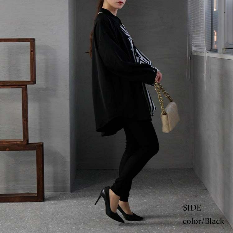 大きいサイズ レディース ストライプ柄×無地シャツブラウス　goldy-1156