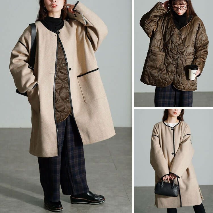 大きいサイズ レディース 3way中綿ライナー付きパイピングガウンコート　fem-231