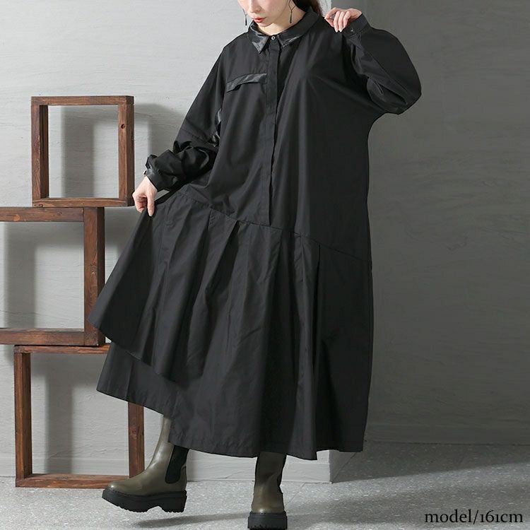 大きいサイズ レディース 異素材アシメシャツワンピース　nw-22034