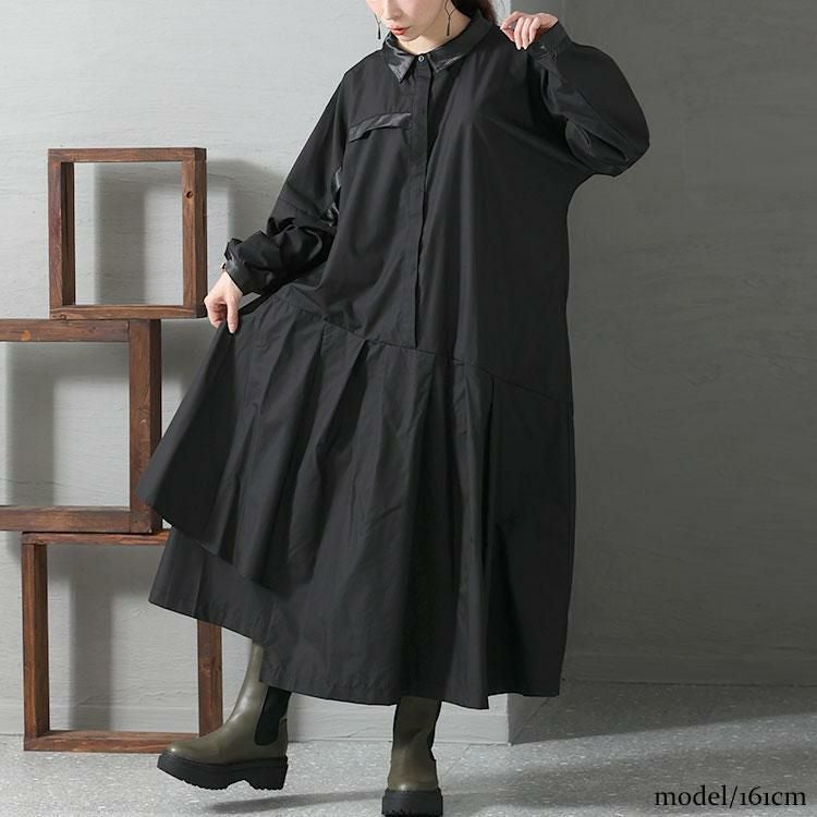 大きいサイズ レディース 異素材アシメシャツワンピース　nw-22034 ブラック