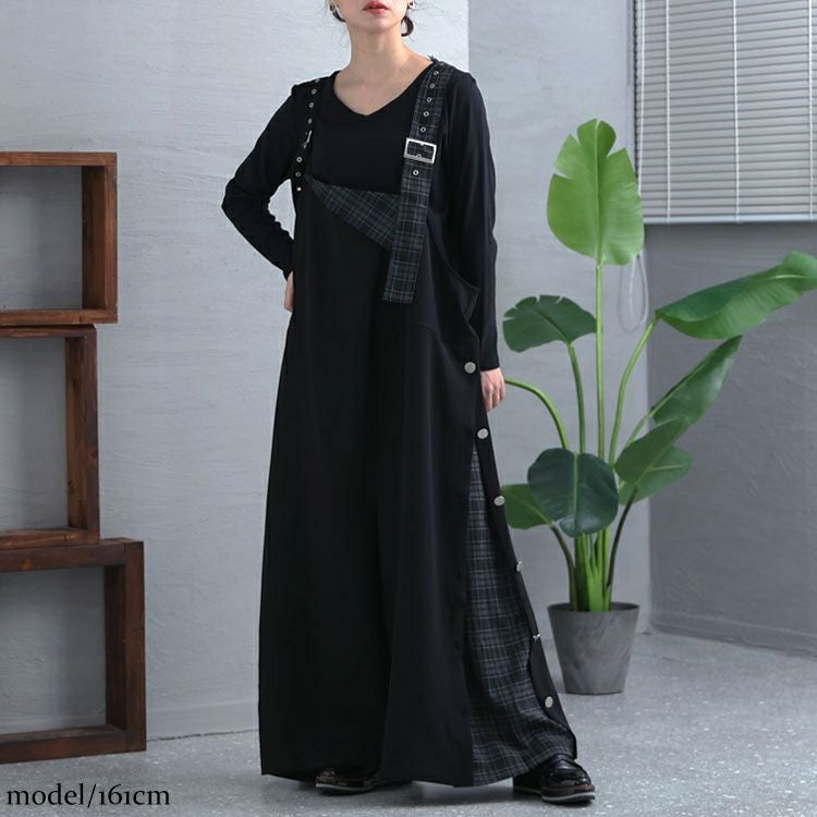 大きいサイズ レディース アシメチェック柄サロペットパンツ　sw-0511