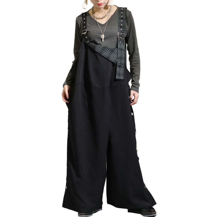大きいサイズ レディース アシメチェック柄サロペットパンツ　sw-0511 ブラック