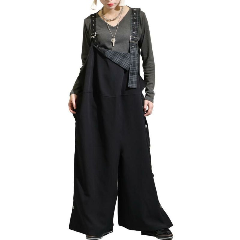 大きいサイズ レディース アシメチェック柄サロペットパンツ　sw-0511 ブラック