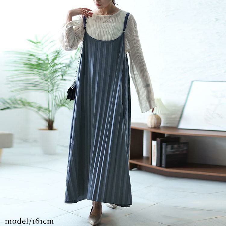 大きいサイズ レディース プリーツキャミワンピース　fem-313 ブルーグレー