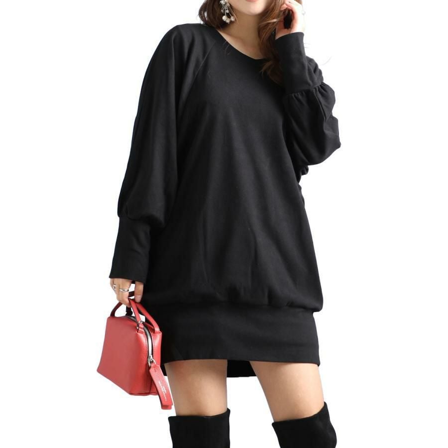 大きいサイズ レディース リブ袖ドルマンチュニック　kt-42001 ブラック