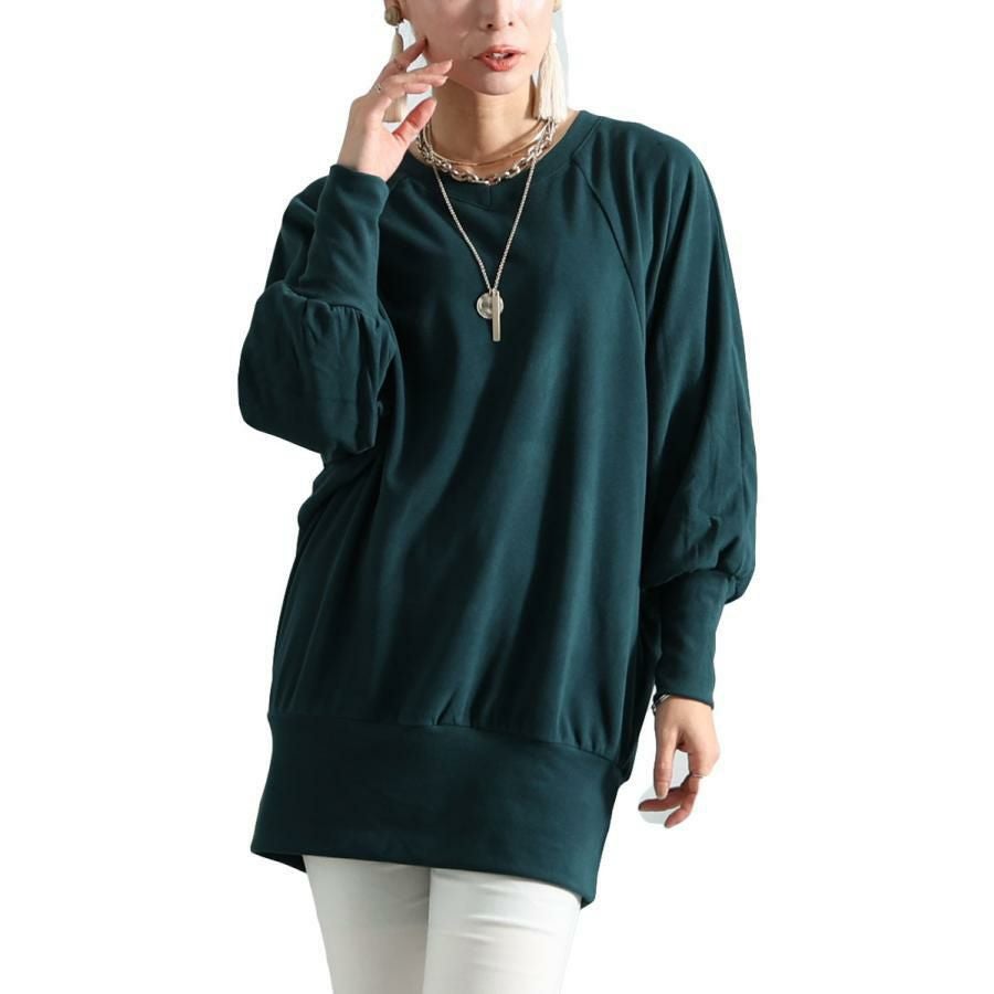 大きいサイズ レディース リブ袖ドルマンチュニック　kt-42001 グリーン