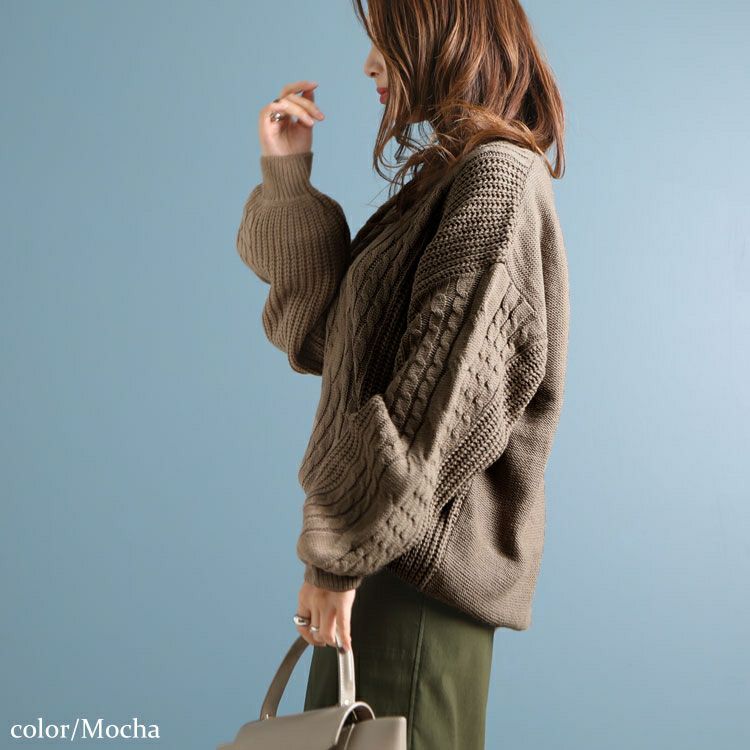 大きいサイズ レディース ケーブル編みVネックニットプルオーバー　bro-204772