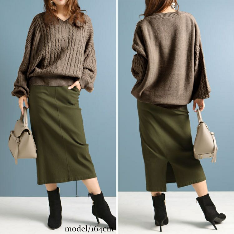 大きいサイズ レディース ケーブル編みVネックニットプルオーバー　bro-204772