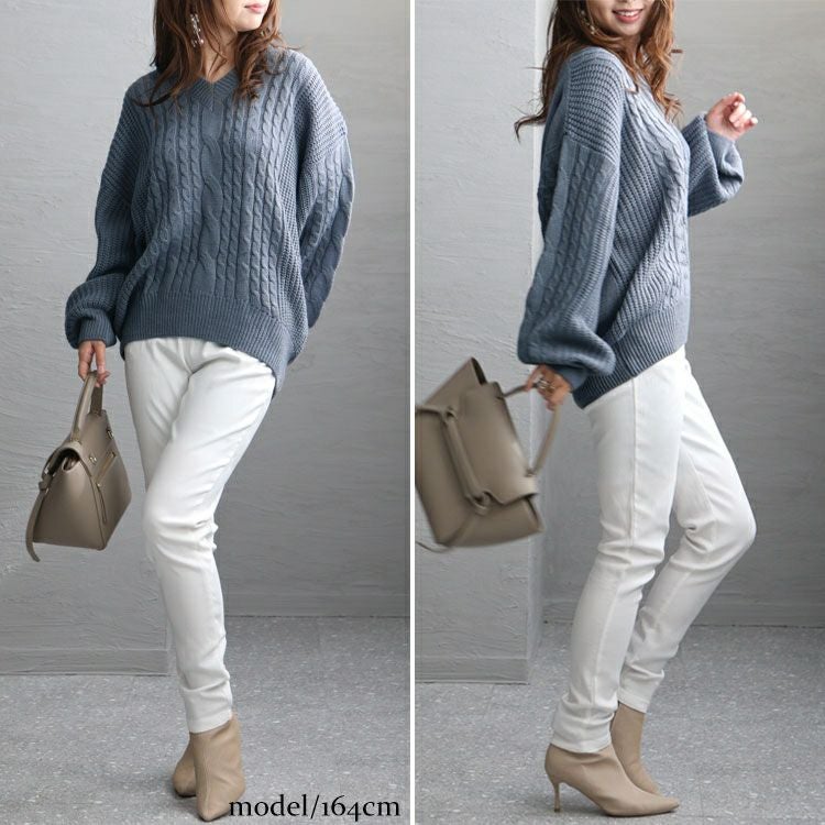 大きいサイズ レディース ケーブル編みVネックニットプルオーバー　bro-204772