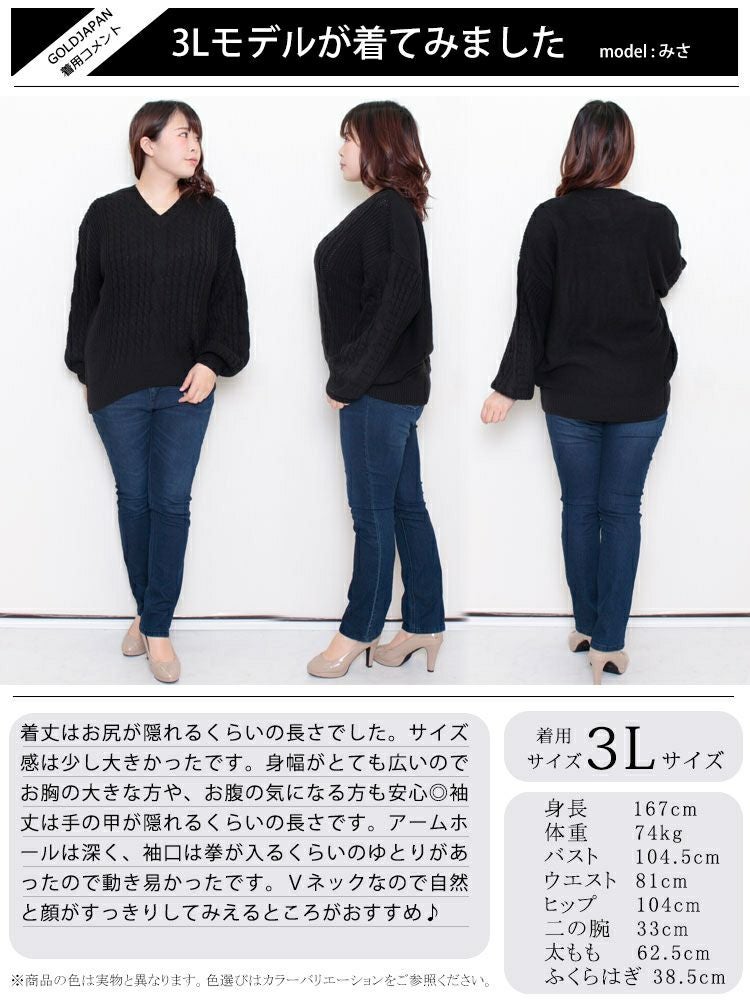 大きいサイズ レディース ケーブル編みVネックニットプルオーバー bro