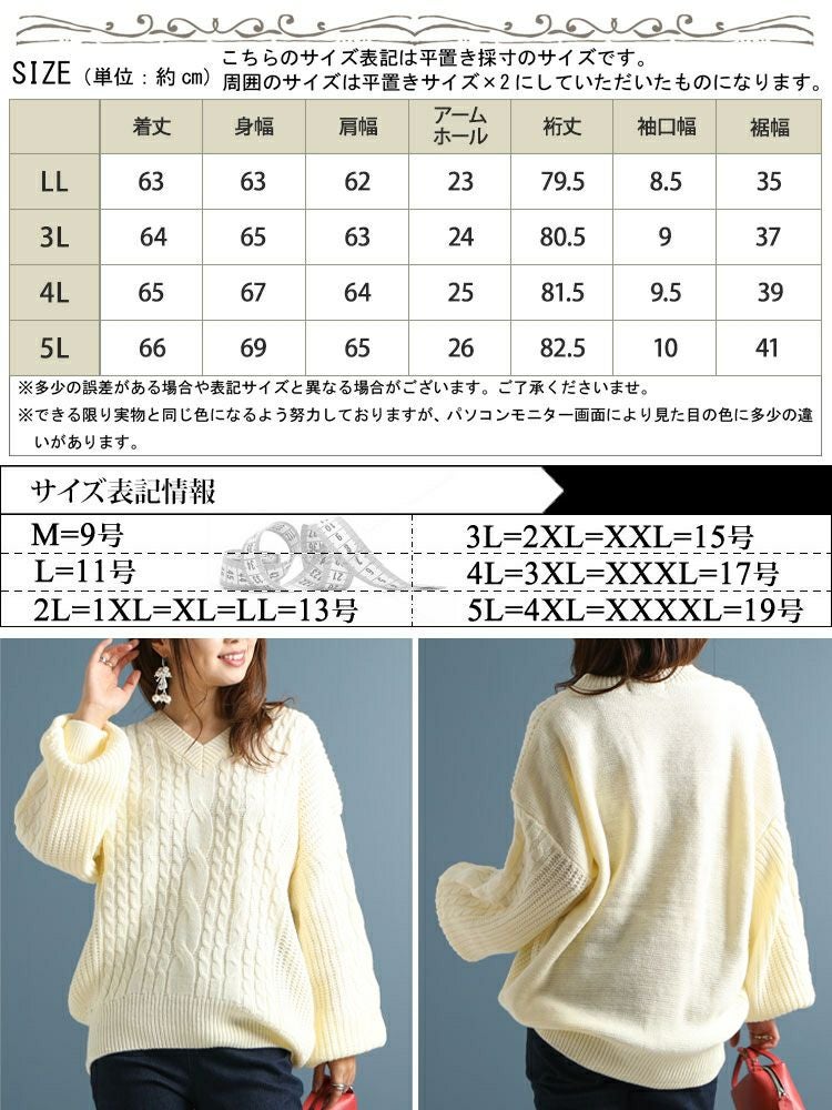 大きいサイズ レディース ケーブル編みVネックニットプルオーバー　bro-204772