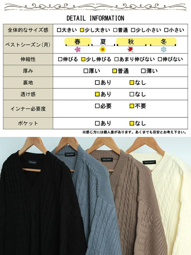 大きいサイズ レディース ケーブル編みVネックニットプルオーバー　bro-204772