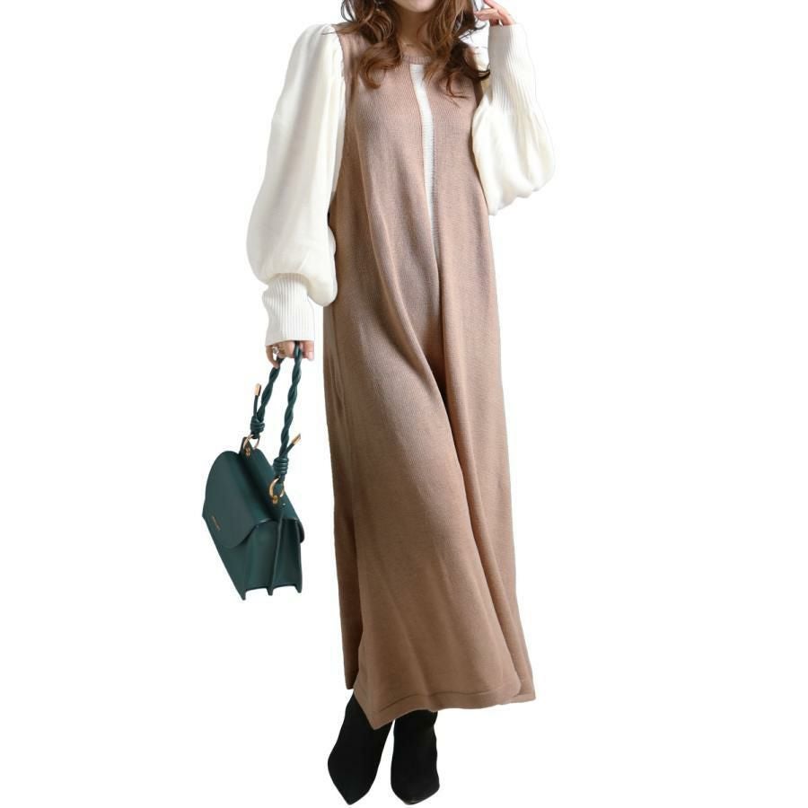 大きいサイズ レディース センターライン配色ニットワンピース　bro-0005 ベージュ