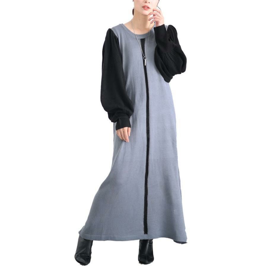 大きいサイズ レディース センターライン配色ニットワンピース　bro-0005 ブルー