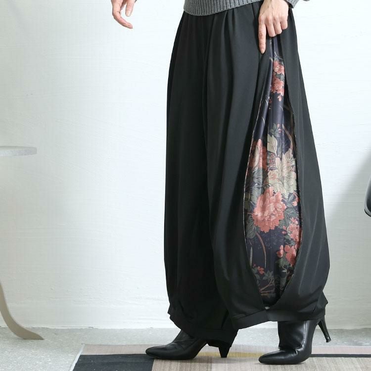 大きいサイズ レディース 花柄スリットバルーンパンツ　nw-22032 ブラック
