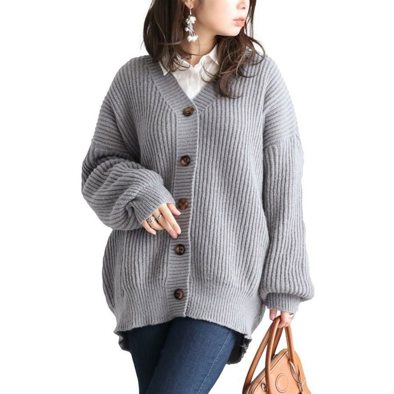 大きいサイズ レディース ボリュームスリーブニットカーディガン　goldy-1176 グレー
