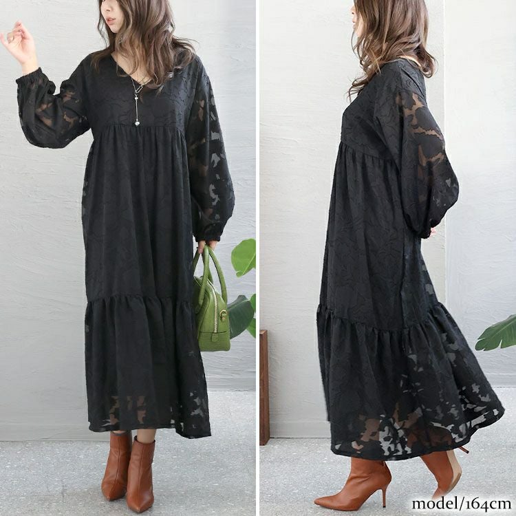 大きいサイズ レディース シフォンジャガードティアードワンピース　maru-6633