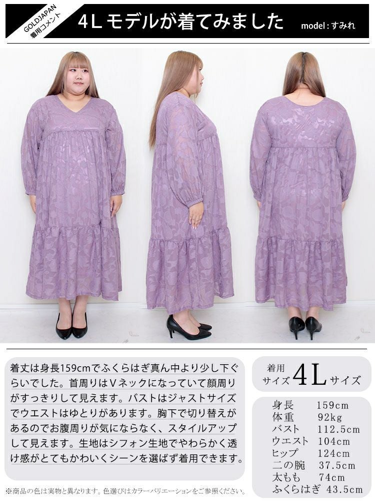 大きいサイズ レディース シフォンジャガードティアードワンピース　maru-6633