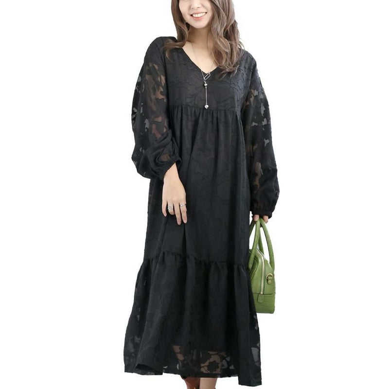 大きいサイズ レディース シフォンジャガードティアードワンピース　maru-6633 ブラック