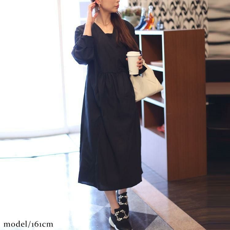 大きいサイズ レディース カシュクール切替えワンピース　fem-321 ブラック