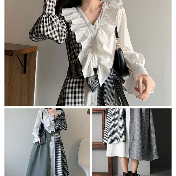 大きいサイズ レディース アシンメトリーギンガムチェックワンピース　goldy-1188