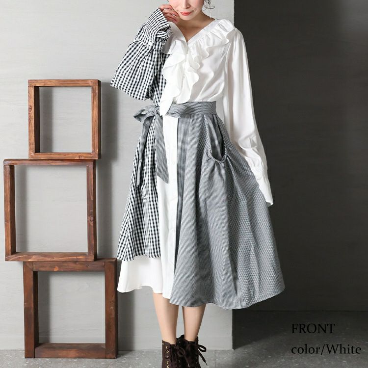 大きいサイズ レディース アシンメトリーギンガムチェックワンピース　goldy-1188