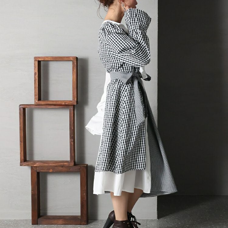 大きいサイズ レディース アシンメトリーギンガムチェックワンピース　goldy-1188