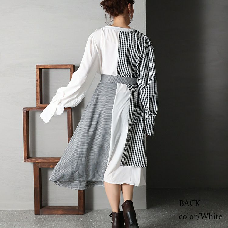 大きいサイズ レディース アシンメトリーギンガムチェックワンピース　goldy-1188