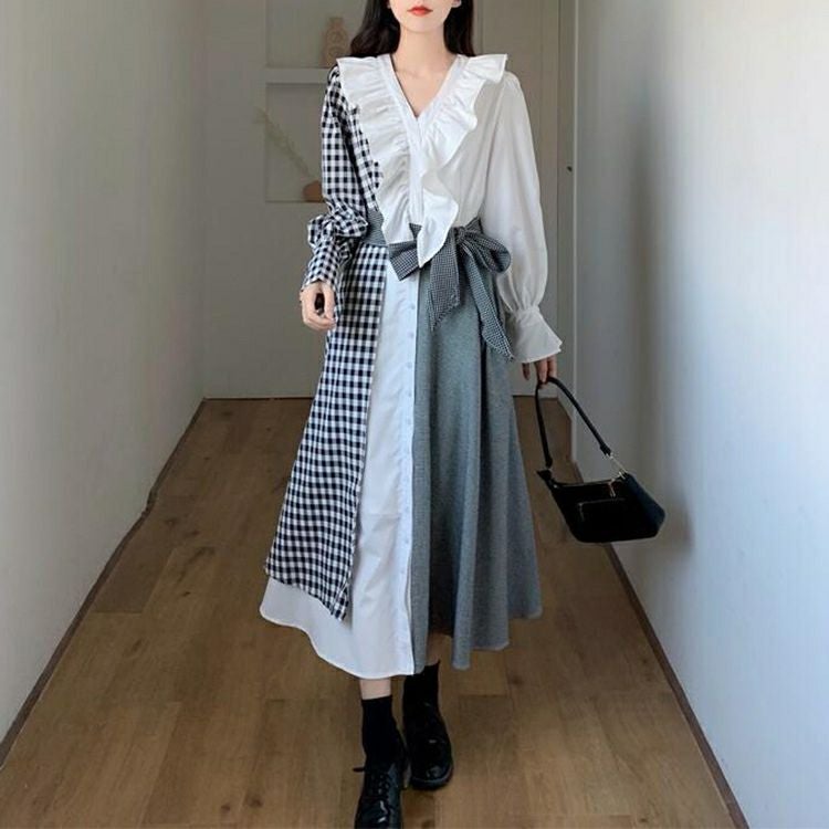 大きいサイズ レディース アシンメトリーギンガムチェックワンピース　goldy-1188