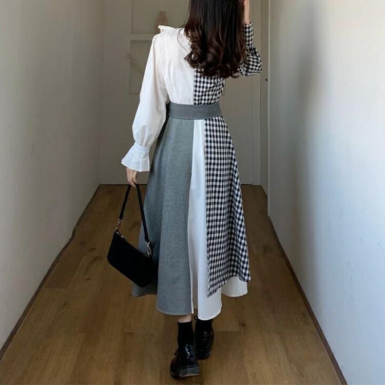 大きいサイズ レディース アシンメトリーギンガムチェックワンピース　goldy-1188
