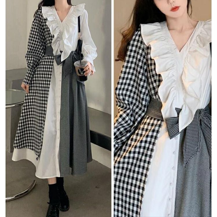 大きいサイズ レディース アシンメトリーギンガムチェックワンピース　goldy-1188