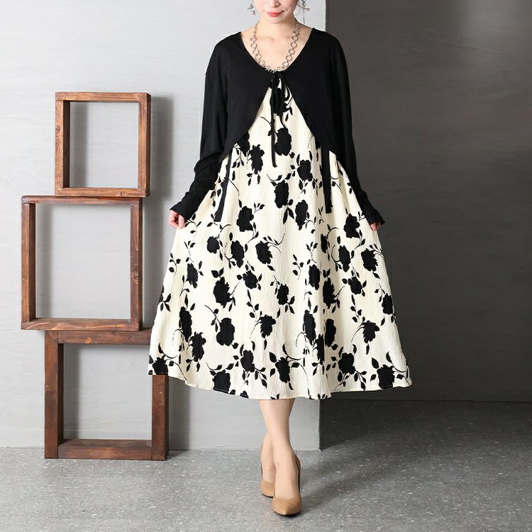 大きいサイズ レディース フラワーシルエット柄キャミワンピース＆ボレロセット　goldy-1179