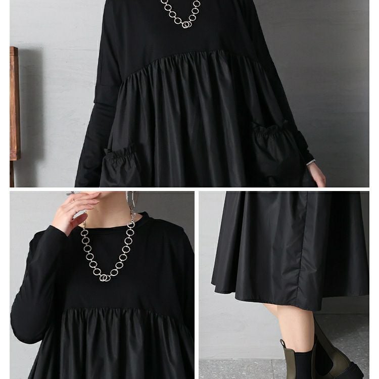 大きいサイズ レディース 異素材ドッキングAラインモードワンピース　goldy-1178