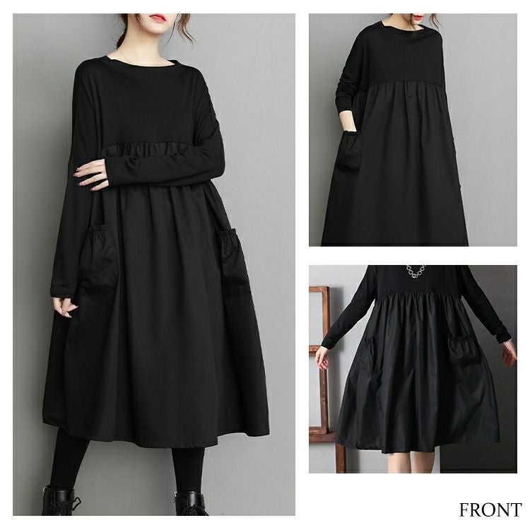 大きいサイズ レディース 異素材ドッキングAラインモードワンピース　goldy-1178