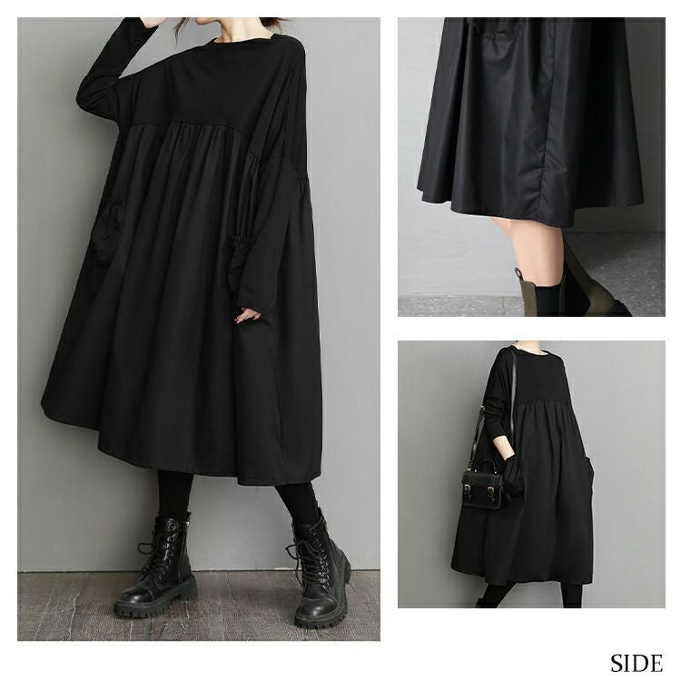 大きいサイズ レディース 異素材ドッキングAラインモードワンピース　goldy-1178