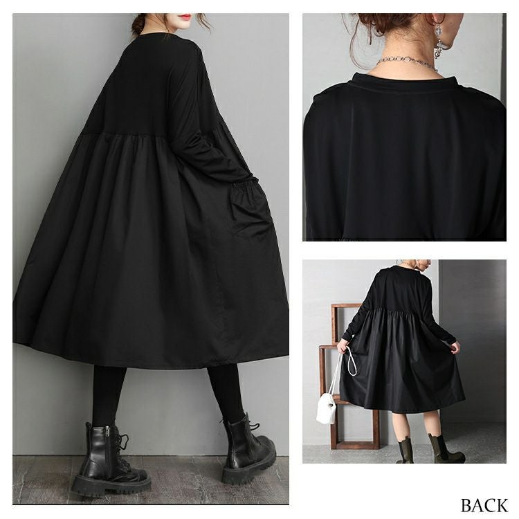 大きいサイズ レディース 異素材ドッキングAラインモードワンピース　goldy-1178