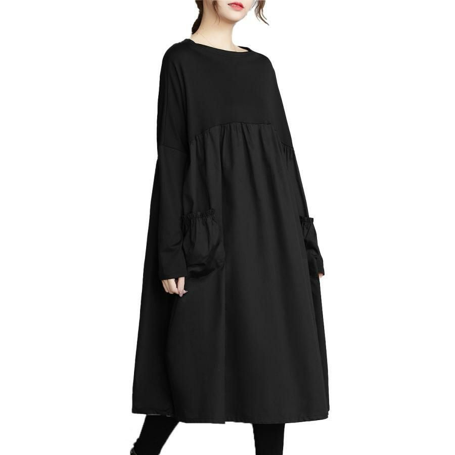 大きいサイズ レディース 異素材ドッキングAラインモードワンピース　goldy-1178 ブラック