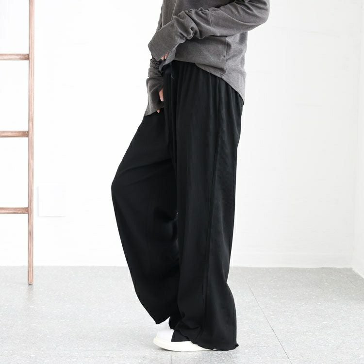 大きいサイズ レディース 裾メローリブワイドパンツ　humio-066