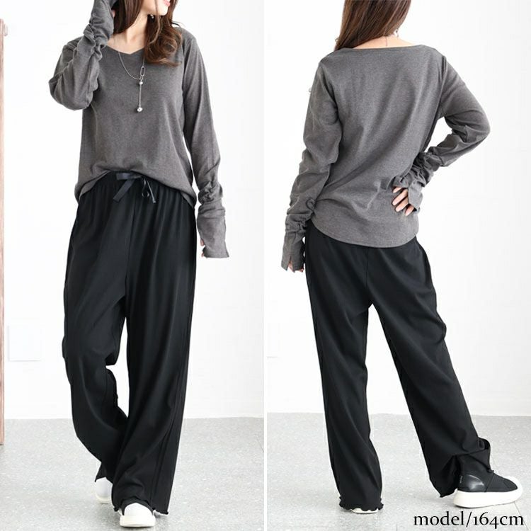 大きいサイズ レディース 裾メローリブワイドパンツ　humio-066